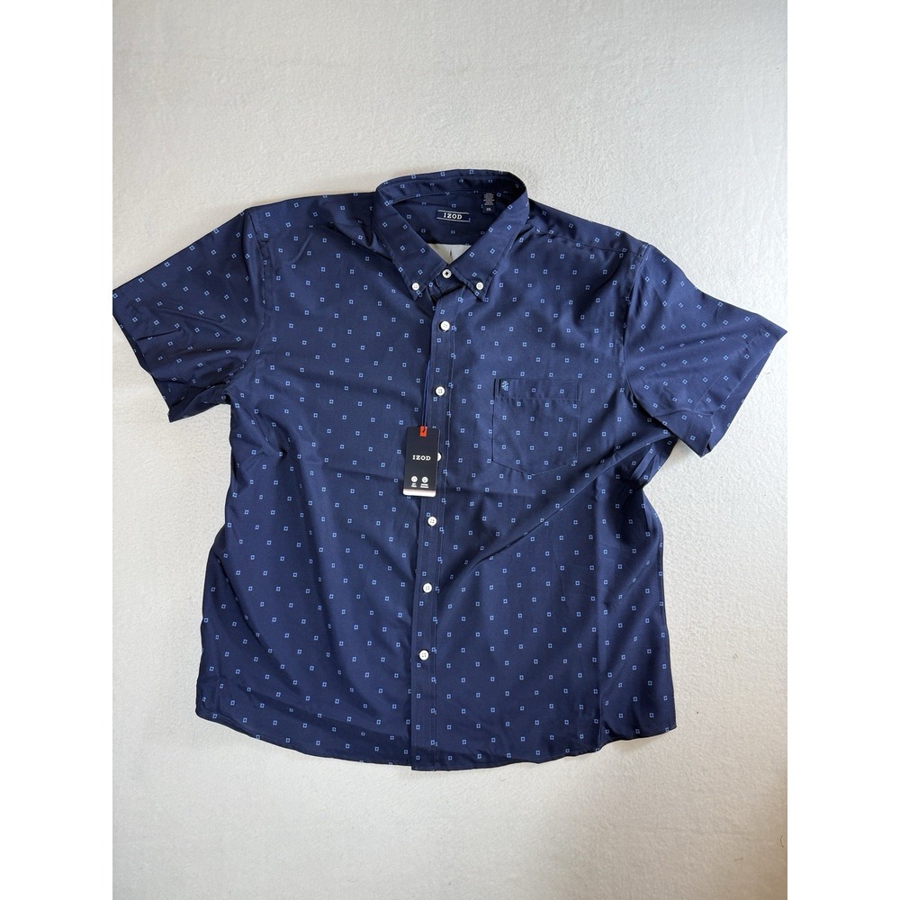 IZOD Short Sleeve Button Down Shirt Mens XXL Navy Blue Geometric Pattern WT